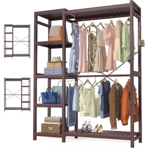Homykic Bamboo Clothes Rack Garment Rack for Hanging Clothes, Heavy Duty Clothing Rack with 7 Tiers Adjustable Shelves, Double Rods, 4 Hooks, Freestanding Closet System Organizer Wardrobe, Espresso