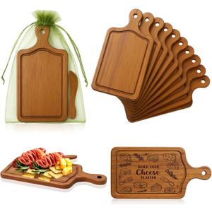 Nuenen 10 Pcs Mini Wooden Cutting Board Bulk with Handle, Small Wood Charcuterie for Crafts Laser Engraving with Knives Organza Bags Wedding Party Favors Housewarming Gift (Acacia Color)
