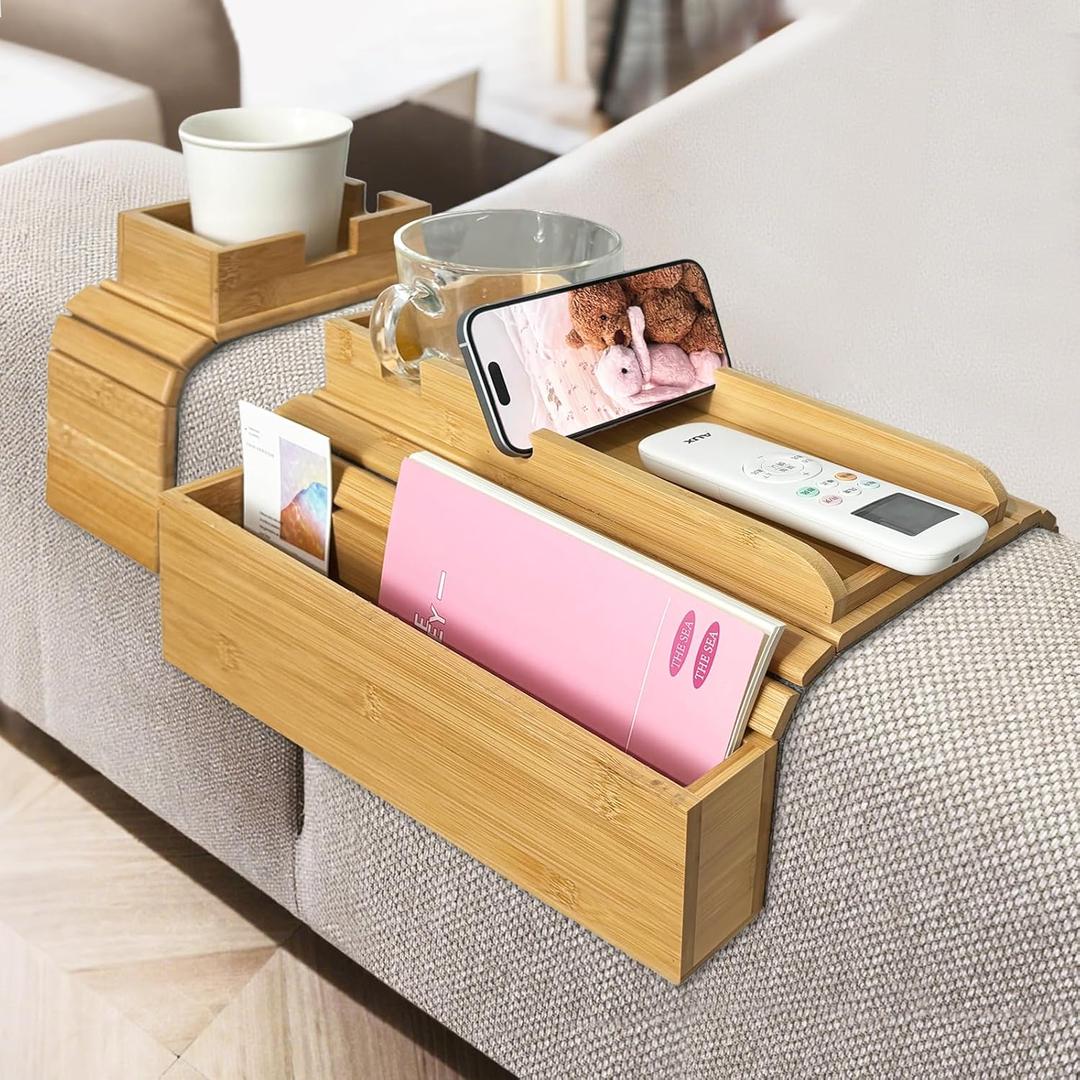 Yomeidiluxe Bamboo Couch Arm Tray Set, The Large(16.5"x13.4") and Small(16.5" x4.7) Non Slip Cup Holder for Drinks, Snacks, Cup, Remote and Phone, Fit for Armrests 4.5"–8.5" Wide.