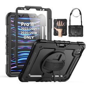 SEYMAC Case for iPad Pro 11 Case 4th/ 3rd/ 2nd/ 1st Gen (2022/2021/2020/2018), Full-Body Shockproof Protective Case with Screen Protector, 360° Rotating Stand and Hand/Shoulder Strap, Black