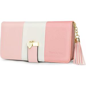 RFID Wallets for Women with Multiple Card Slots and Cellphone Compartment, Womens Wallet (Sakura Pink/White/Pink)