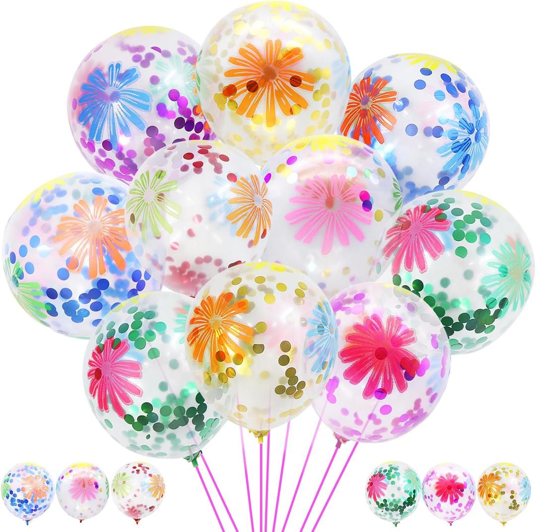 50 Pieces Flower Print Confetti Balloons 12 Inch Colorful Clear Floral Latex Balloon with Balloon Holder Sticks Spring Summer Tropical Picnic Wedding Birthday Graduation Bridal Shower Party Supplies