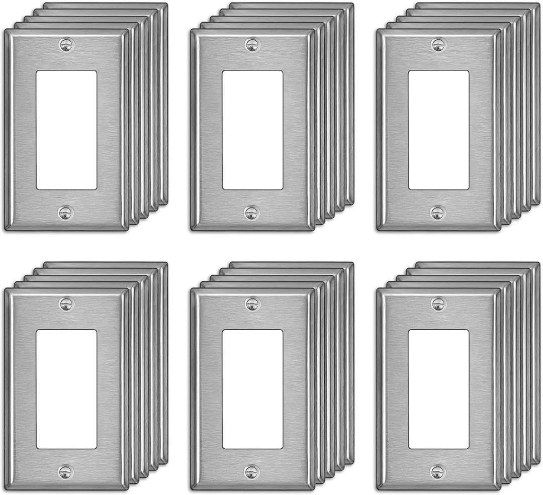 BESTTEN Decorator Switch or Receptacle Outlet Metal Wall Plate, Stainless Steel Outlet Cover with Protective Film, Durable Corrosion Resistant, 1-Gang 4.50" x 2.76", 30 Pack, Silver