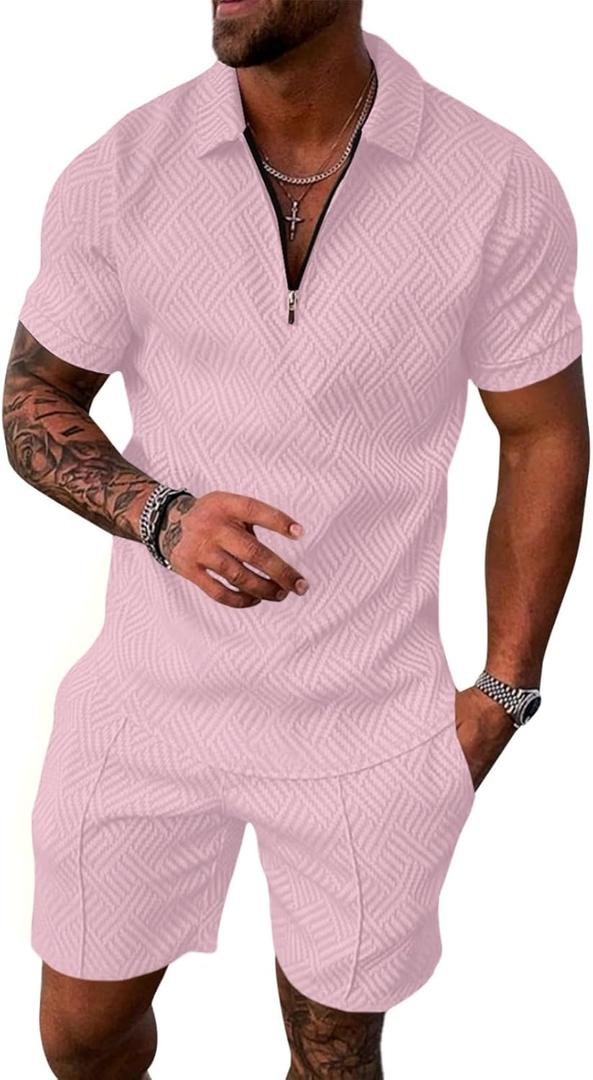 Aulemen Mens 2 Piece Zip Tracksuit Short Sleeve Print Polo Shirt and Shorts Sets Summer Outfits for Men (Small, Pink)
