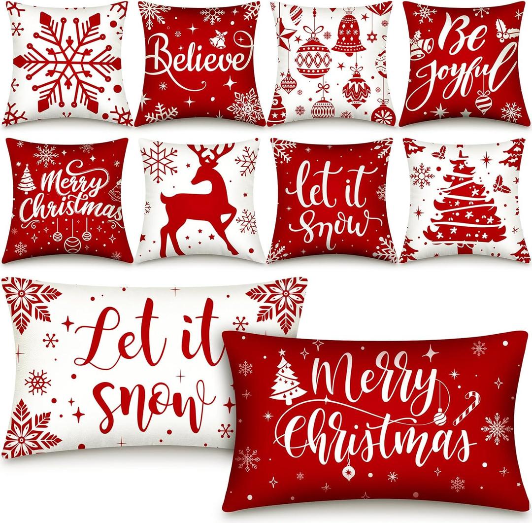 Newwiee 10 Piece Throw Pillows Covers Decorations Snowman Wreath Santa Claus Tree Red Buffalo Plaid Merry Christmas Pillow Covers for Couch Sofa(Snowflakes)