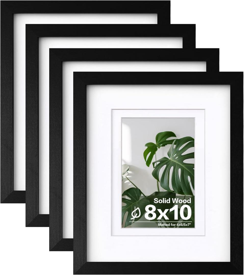 Egofine 8x10 Picture Frames 4PCS, Made of Solid Wood Display 4x6 and 5x7 with Mat Covered by Plexiglass, for Table Top Display and Wall Mounting Photo frame, Black with Texture
