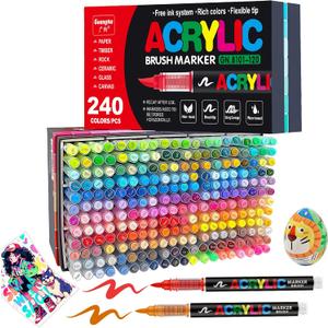 JRQ 240 Colors Acrylic Paint Markers, Brush Tip Acrylic Paint Pens for Wood Rock Glass Canvas Stone Fabric Glass Metal Ceramic Canvas DIY Crafts Art Supplies Kids Gifts