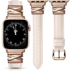 Minyee Leather Band Compatible with Apple Watch 42/41/40/38/44/45/46/49mm Women,Dressy Slim Premium Leather Strap with Designer X-Shape Metal Buckle for iWatch Series 11 10 9 8 7 6 5 4 SE/Ultra 3 2 1 (Starlight/Rose Gold)