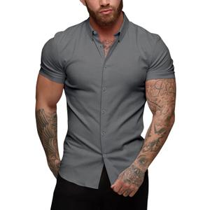 URRU Men's Muscle Dress Shirts Slim Fit Stretch Short Sleeve Casual Button Down Shirts for Men (Medium)