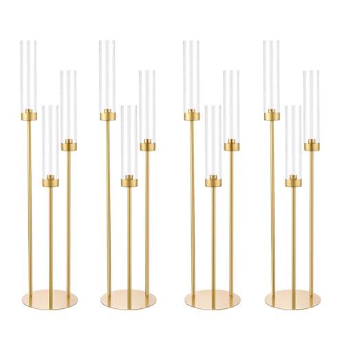 Vincidern 4pcs Gold Candelabra 3 Arm Taper Candle Holders with Acrylic Lampshade, 33.8'' Tall Candelabra Centerpiece for Table, Wedding, Party, Events Decorations, Candlestick Holders Fit LED Candles