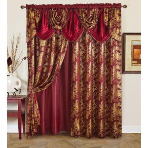 GLORY RUGS Jacquard Luxury Window 2 Panel Set Burgundy Gold Curtain with Attached Valance and Backing Bedroom Living Room Dining 2 Curtains 55x84 inches Each Jana