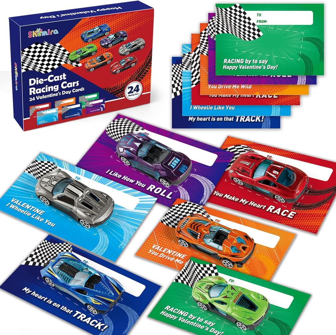 Valentine's Day Cards for Kids- 24 Metal Die-Cast Racing Cars with Valentine's Cards Bulk, Valentine's School Classroom Exchange Gifts, Valentine's Party Favor Supplies for Kids, Valentine Prizes