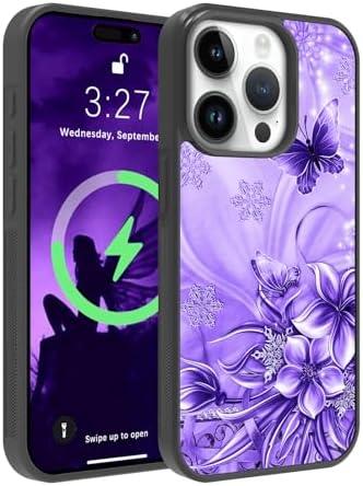 OOK Magnetic for iPhone 15 Pro Case Purple Butterfly with Flower Nebula Space Design [Compatible with MagSafe] Hard PC+Soft TPU Bumper Anti-Slip Ultra Thin Case, Light Purple