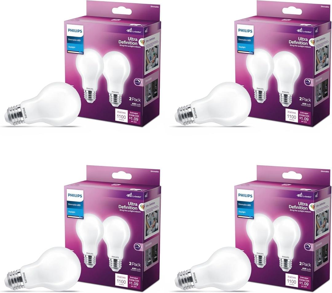 Philips LED A19 Ultra Definition Frosted Dimmable LED Light Bulbs - Flicker-Free 60w Light Bulbs with EyeComfort Technology - Daylight 5000K Lightbulb - 800 Lumen - E26 Base - 4 Pack
