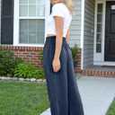 Women Linen Wide Leg Pants High Waisted Smocked Elastic Waist Palazzo Pants Lightweight Beach Travel Pants Navy Blue, Medium