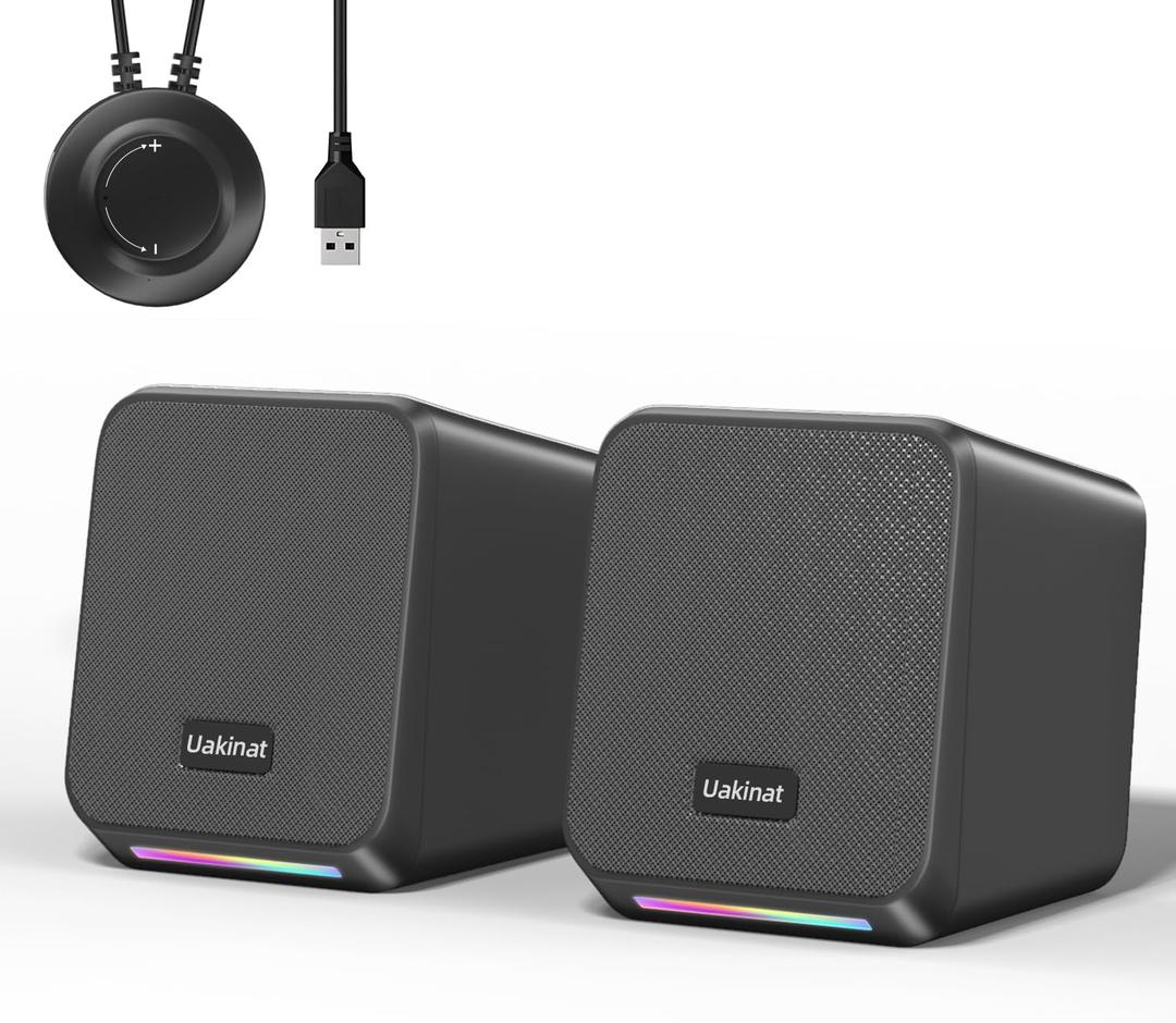 Uakinat Computer Speakers,with 7 Colorful RGB Lights, Headphone Jack, Enhanced Bass and Volume Control, PC Speakers USB Powered Gaming Speakers for Laptop Monitor PC Tablet Phone, Black