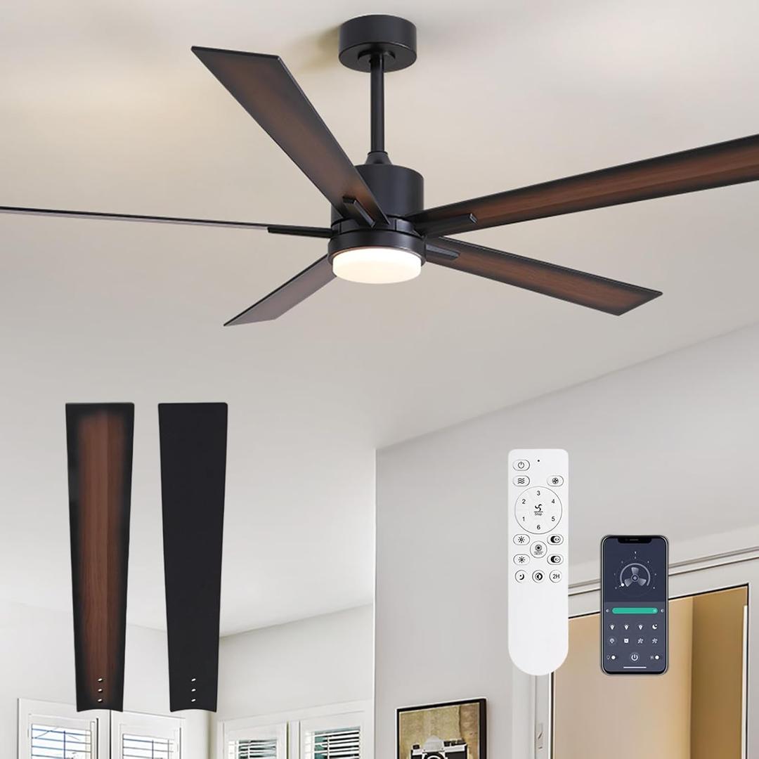 60-inch ceiling fan with light and remote control, quiet reversible DC motor, 5 blades, dimmable LED, 6 speeds, black rustic farmhouse ceiling fan