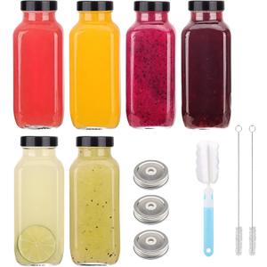 Andemi 16 oz Glass Juice Bottles with Lids, 6-Pack Reusable Juice Containers, Water Bottles, Glass Drink Jars for Juicing, Smoothies, Kombucha, Ginger, Milk