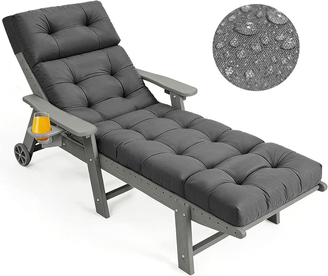Outdoor Chaise Lounge Cushion Waterproof, Oxford Fabric Thickened Patio Lounge Chair Cushion with Ties 74.4x22x4.7 Inch, Cotton Filled Replacement Cushion for Pool Lawn Balcony Furniture,Grey