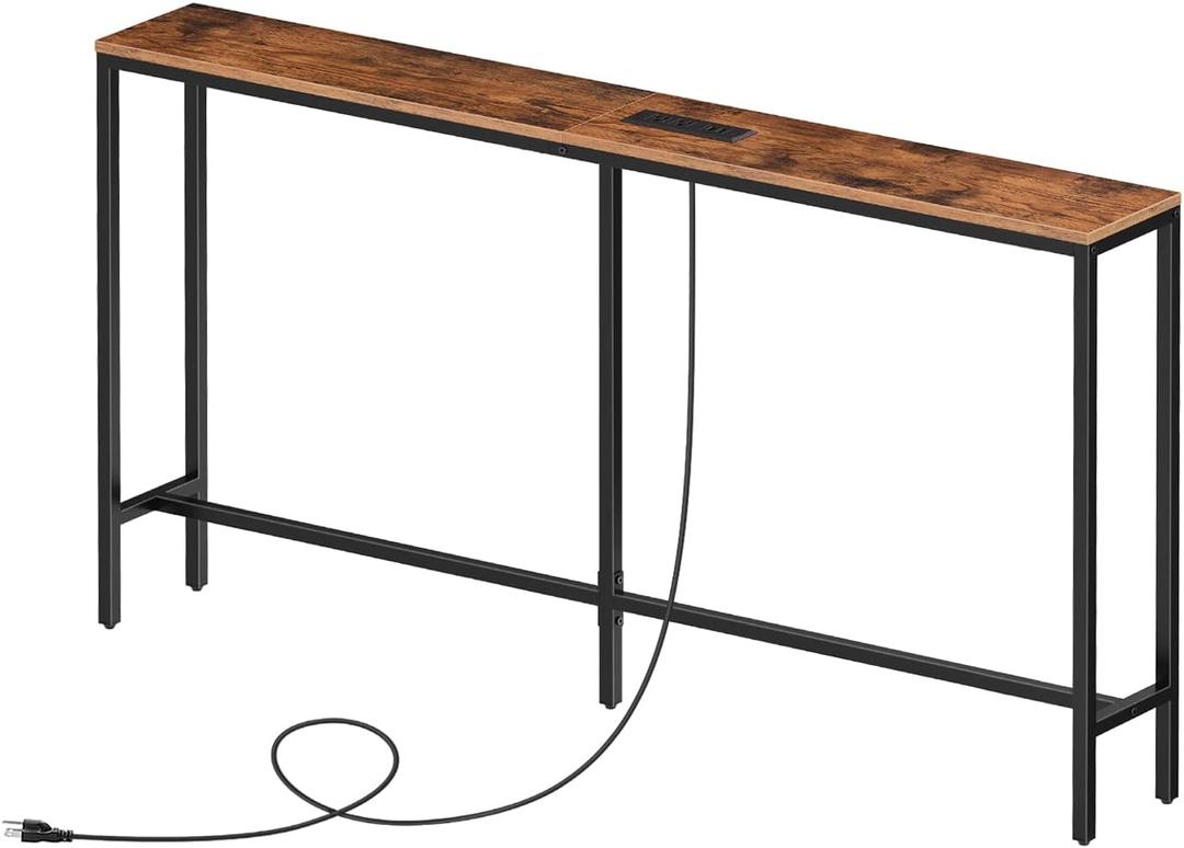 Skinny Console Table with Power Outlets, 55.1" Narrow Sofa Table, Behind Couch Table with Charging Station, Sofa Hallway Table for Plants, Living Room CTHR145E01 (Rustic Brown + Black)