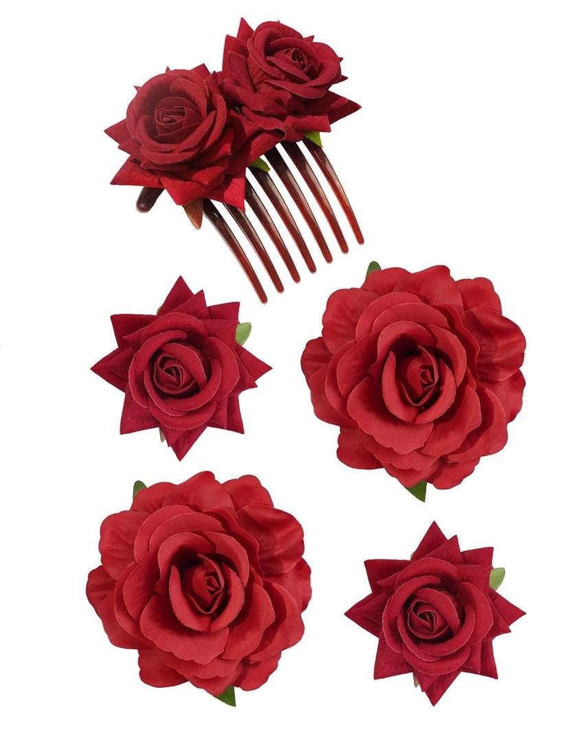 5 Pieces Rose Flower Hair Clip, Red Rose Fabric Floral Brooches, Mexican Hair Flowers Hair Accessories for Women and Girls Wedding Party Halloween