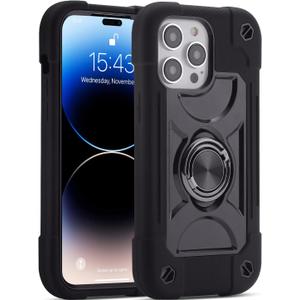 MARKILL Compatible with iPhone 14 Pro Case 6.1 Inch with Built-in Ring Stand, Military Grade Drop Protection Full Body Rugged Heavy Duty Case 3 in 1 Protective Durable Cover Black