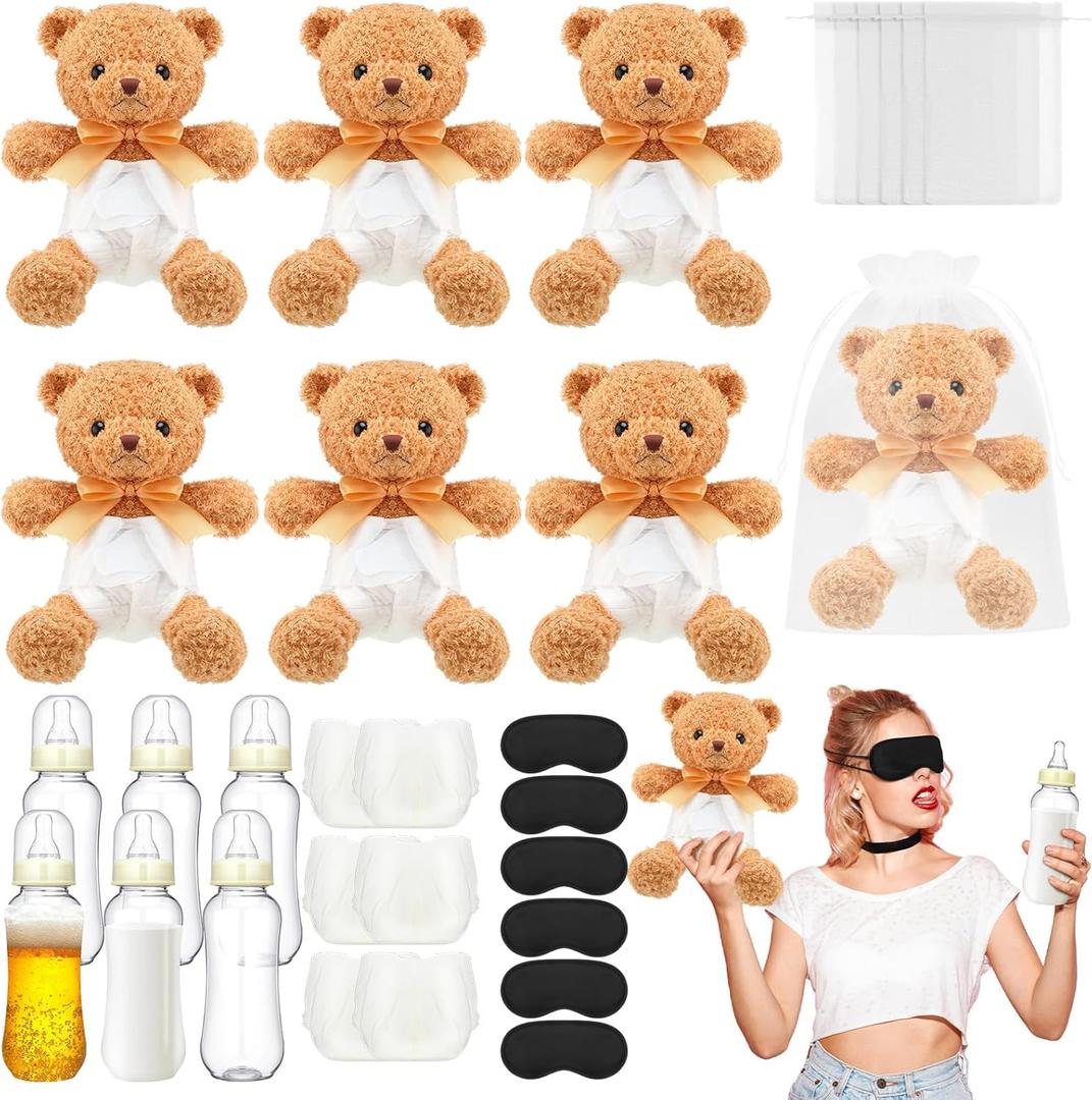 6 Set Bottle Chug Bear Baby Shower Games Brown Blindfolded Diaper Changing Games Kits Bottles Diapers Blindfold Eye Masks Bear Baby Shower Party Guest Gifts