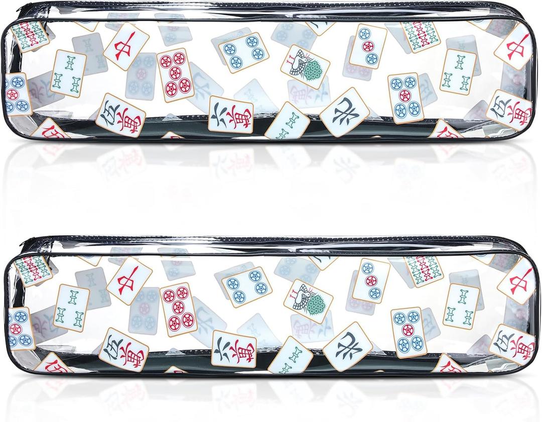 2 Pcs Mahjong Tile Bag Mahjong Racks for Tiles and Pushers Waterproof Tile Zippered Case PVC Clear Mah Jong Gifts, Empty Bag Only, 20 x 4.5 x 2.5