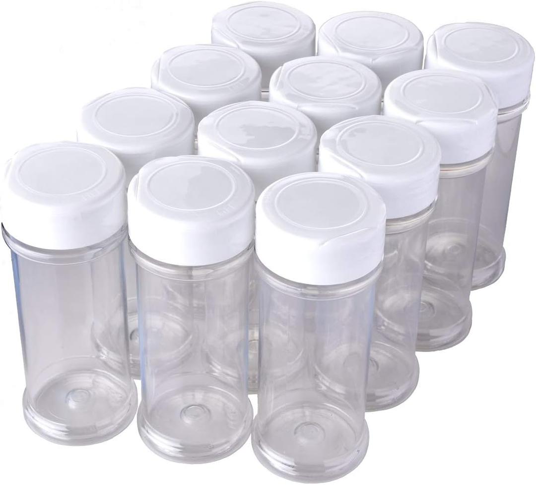 12 Pack of 6 Oz. Empty Clear Plastic Spice Bottles with White Sprinkle Top Lids For Storing and Dispensing Salt, Sweeteners and Spices - Food-Grade Spice Jars for Kitchen and Home Spice Organization