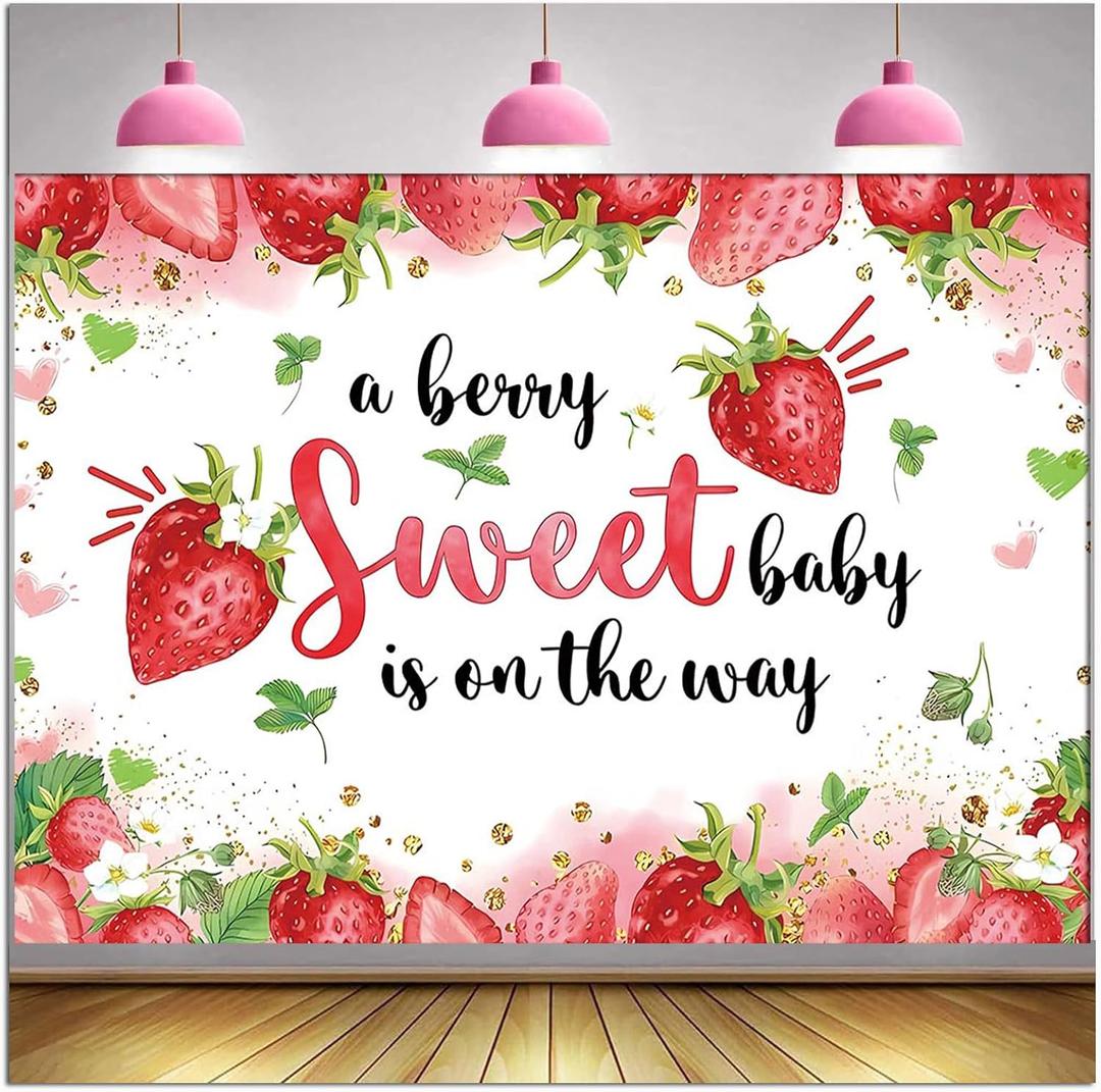 HQM Strawberry Baby Shower Photo Banner Strawberry Girl Baby Shower Newborn Party Decorations Photography Backdrop 71x47.2 in A Berry Sweet Baby is On The Way Background Cake Table Supplies