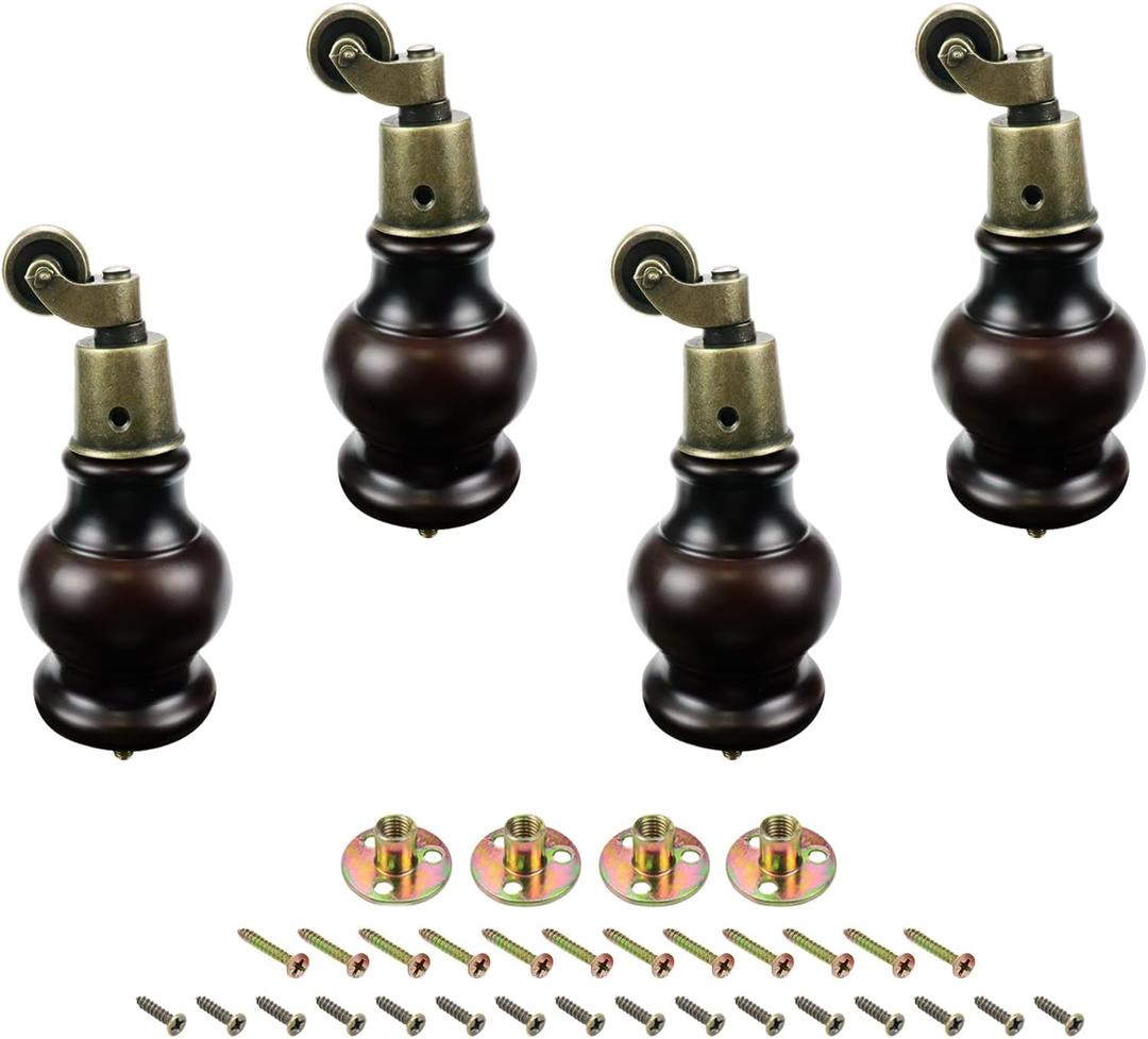 LC LICTOP Eucalyptus Wood Furniture Legs Wood Sofa Legs Replacement Round Gourd Wooden Turned Feet with Caster Wheels Height 120mm/4.72", 4PCS