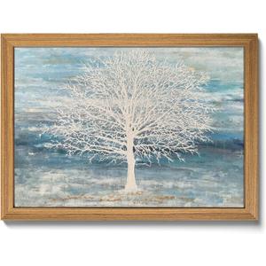Framed Tree of Life Wall Art Pictures for Living Room, Modern 3D Textured Blue White Beige Tree Painting, Minimalist Nature Wall Decor for Bedroom, Bathroom, Office Home Decor  16x24 inch