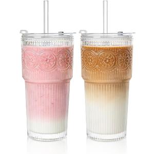 20oz Ribbed & Floral Glass Tumbler Set of 2  Reusable Glass Cups with Lid and Glass Straw, Iced Coffee Cups for Water, Smoothie, Milk, Cocktail & More  Perfect for Daily Use & Travel