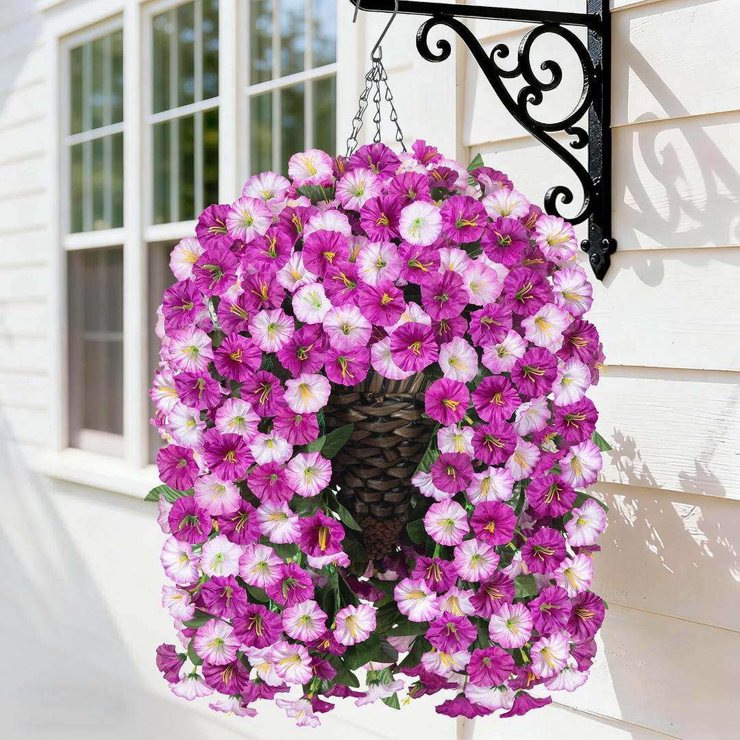 Artificial Fake Hanging Flowers Basket for Outdoor Indoor Decoration,UV Resistant Faux Silk Light Fuchsia and Fuchsia Morning Glory Flowers Plants Realistic Hanging Planter for Outside Home Porch Yard