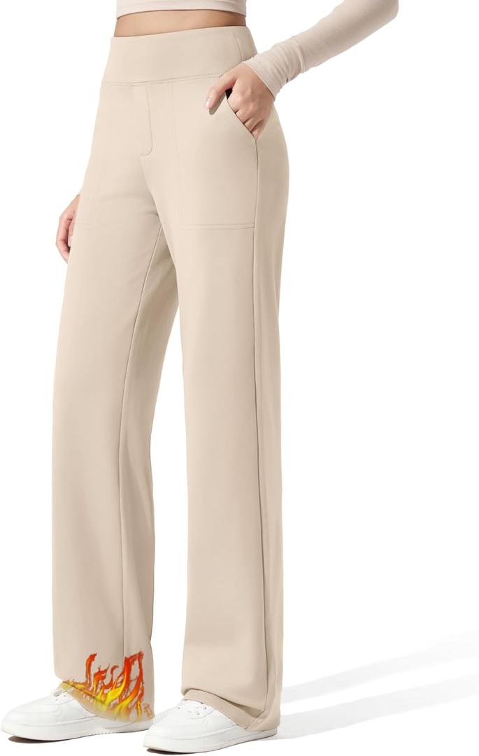 G4Free Women Fleece Lined Pants with Pockets Wide Leg Winter Thermal Work Trousers Dressy Casual Petite/Regular/Tall (Small Extra Tall, Light Khaki)