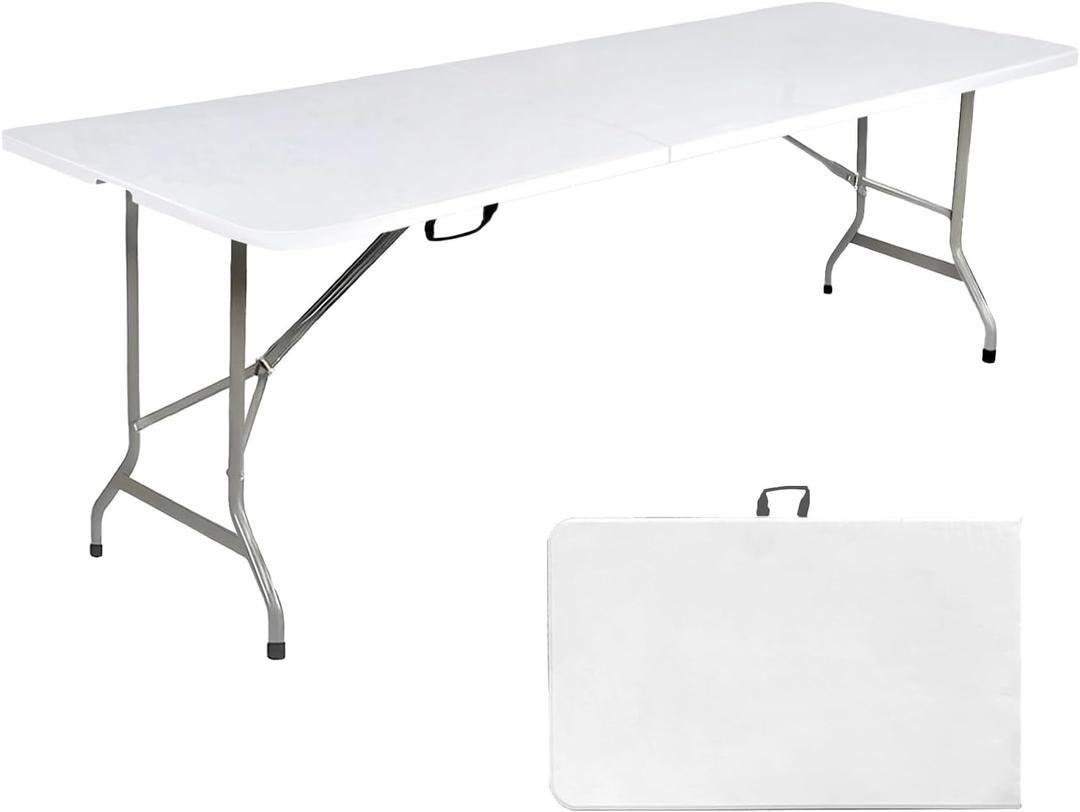 8 Foot Folding Table 8ft Foldable Portable Plastic Picnic Tables with Handle, Fold in Half Heavy Duty Long Large Utility Table, Indoor Outdoor 8' Fold up Card Tables for Party, Dining, White
