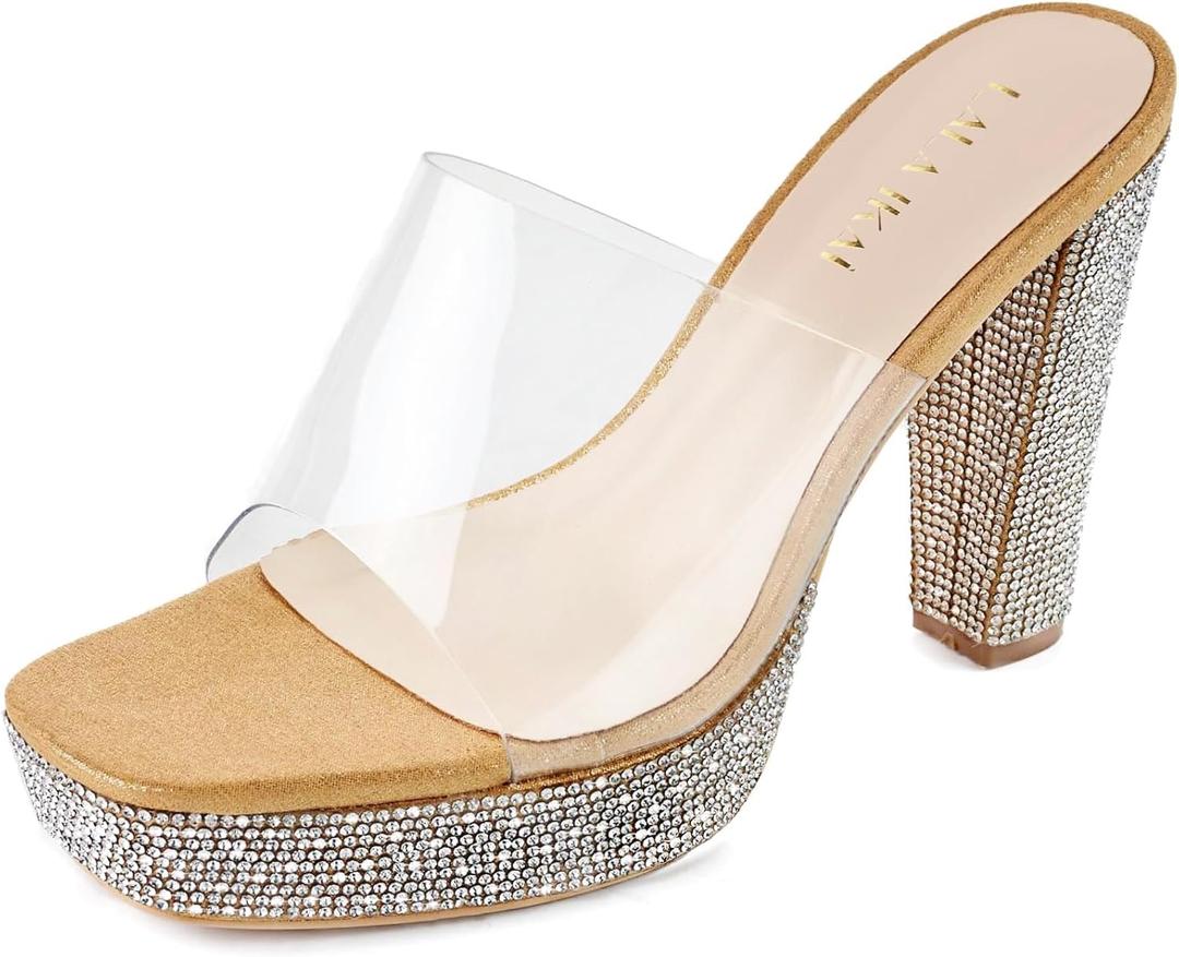 LALA IKAI Women's Black 4 Inches Rhinestone Platform Chunky Heels Sandals (6.5, Yellow)