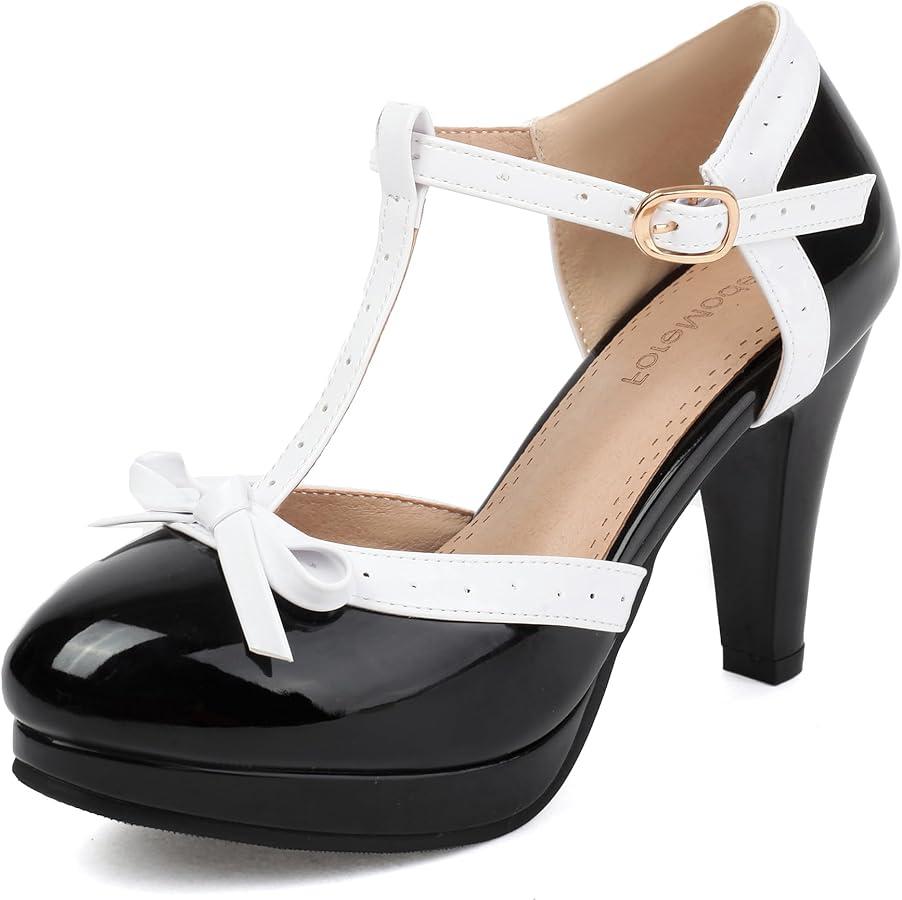 ForeMode Bow Mary Jane Shoes High Heels Closed Round Toe Pumps Leather Summer Sweet Shoe 9