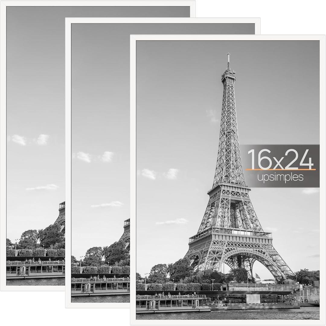 upsimples 16x24 Picture Frame White 3 Pack, Scratch-Proof Poster Frames 16 x 24 for Photo Gallery - Slide-In Strips, Horizontal or Vertical Wall Mounting
