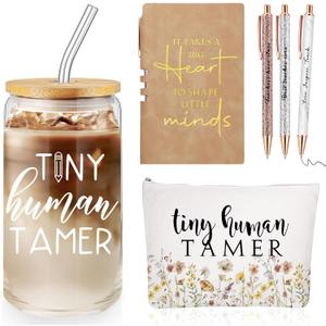 Domensi 6 Pcs Tiny Humans Tamer Teacher Appreciation Gift Christmas Thank You Gifts for Teachers Preschool Daycare Kindergarten 16oz Glass Can Cup with Straw Journal Ballpoint Pen Makeup Bag (Brown)