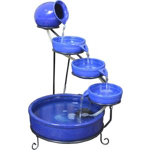 ASC Cascade Ceramic Solar Water Fountain Bowls 5 Tierd with Panel Pump Cascading Garden Decoration Bird Iron Frame (Blue Daytime)