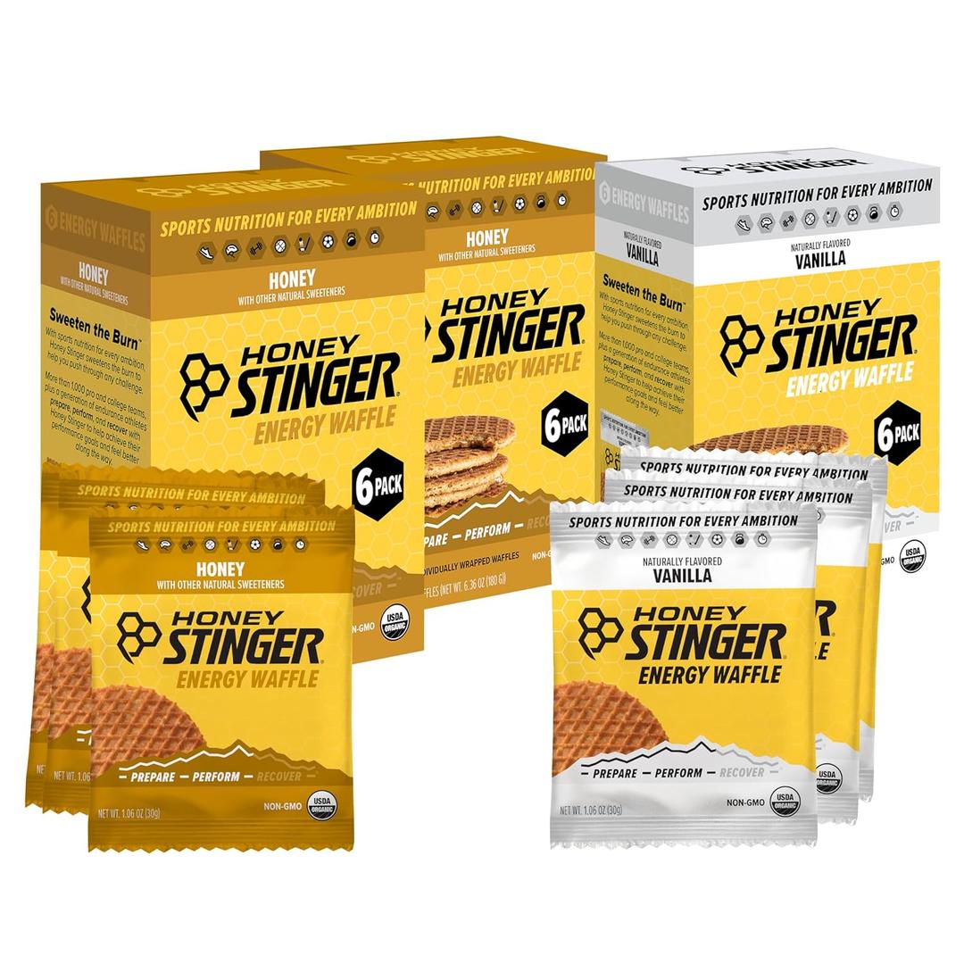 Honey Stinger Organic Energy Waffle Variety Pack, 12 Honey Waffles and 6 Vanilla, Nutritious Stroopwafel Snack for Exercise, Endurance and Performance (EXP 06/25/26)
