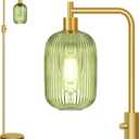 Upgraded Dimmable Glass Floor Lamp for Living Room, Modern Gold Standing Lamp with Green Ribbed Glass Lampshade & Knob Dimmer, Arc Tall Lamp for Bedroom Office Reading Room, 2700K Led Bulb Included