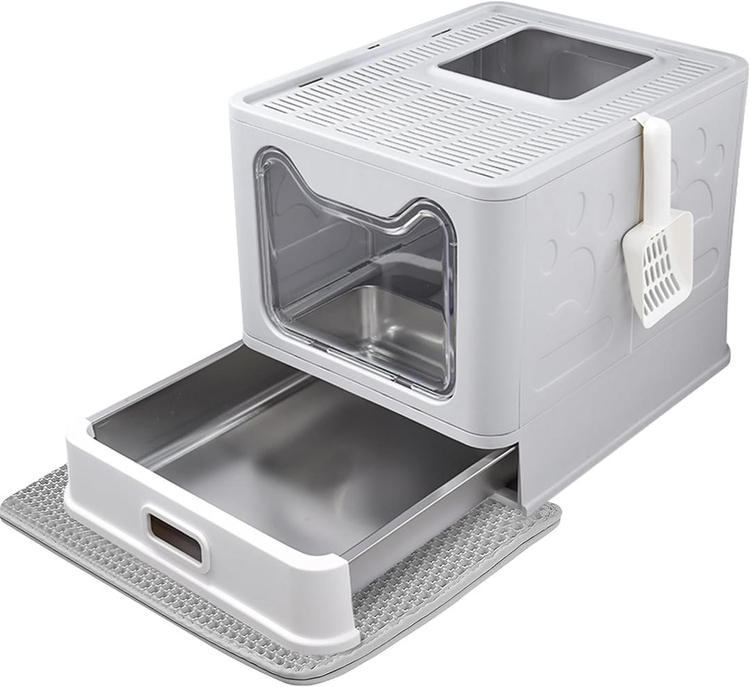 Enclosed Cat Litter Box with Lid Top Exit Covered Metal Stainless Steel Litter Box Leak Proof & Odorless Easy to Clean Including Cat Litter Scoop and Litter Mat Gray, One Size