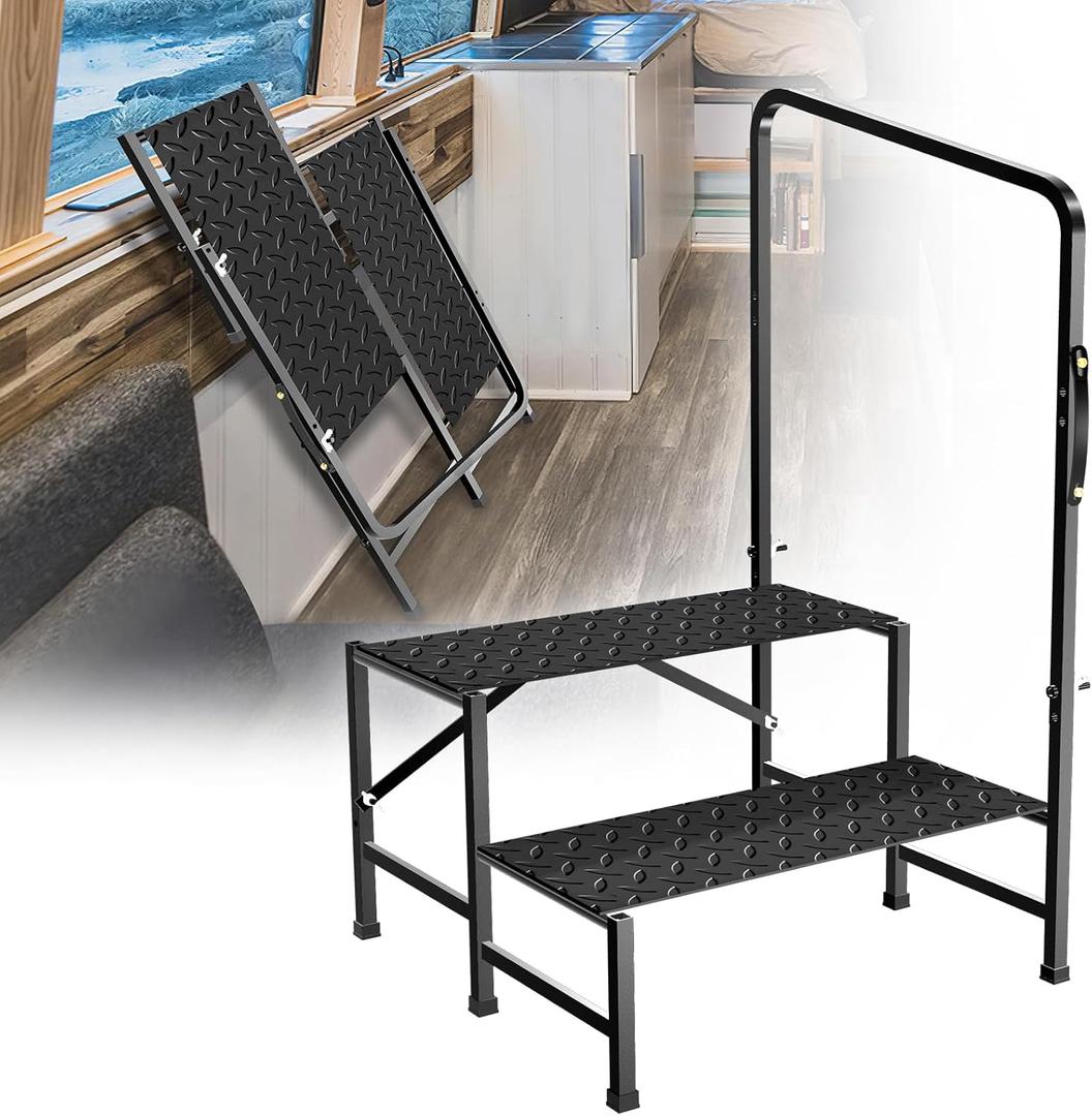 RV Step with Handrail, Foldable 2 Steps with Handle RV Stairs Home Ladder Foldable Stairs for 5th Wheel RV, Hot Tub, Outdoor Spa Pool