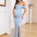 AISWI Off The Shoulder Maternity Dress Ruched Ribbed Knit Bodycon Mermaid Maxi Gown with Slit for Baby Shower Photoshoot (L)