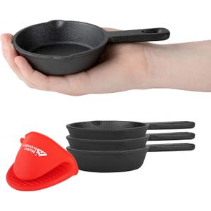 Modern Innovations Mini Black Cast Iron Skillet Set with Silicone Mitt (4 Count) - 3.5 Inch Pans, Pre Seasoned Small Skillets for Baked Cookie/Brownie or Cooked Eggs