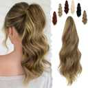FELENDY 16" Ponytail Extension Claw Clip Wavy Ponytails Hair Extension Curly Long Pony Tails Natural Looking Hairpiece for Women Synthetic Blonde Mix Light Brown