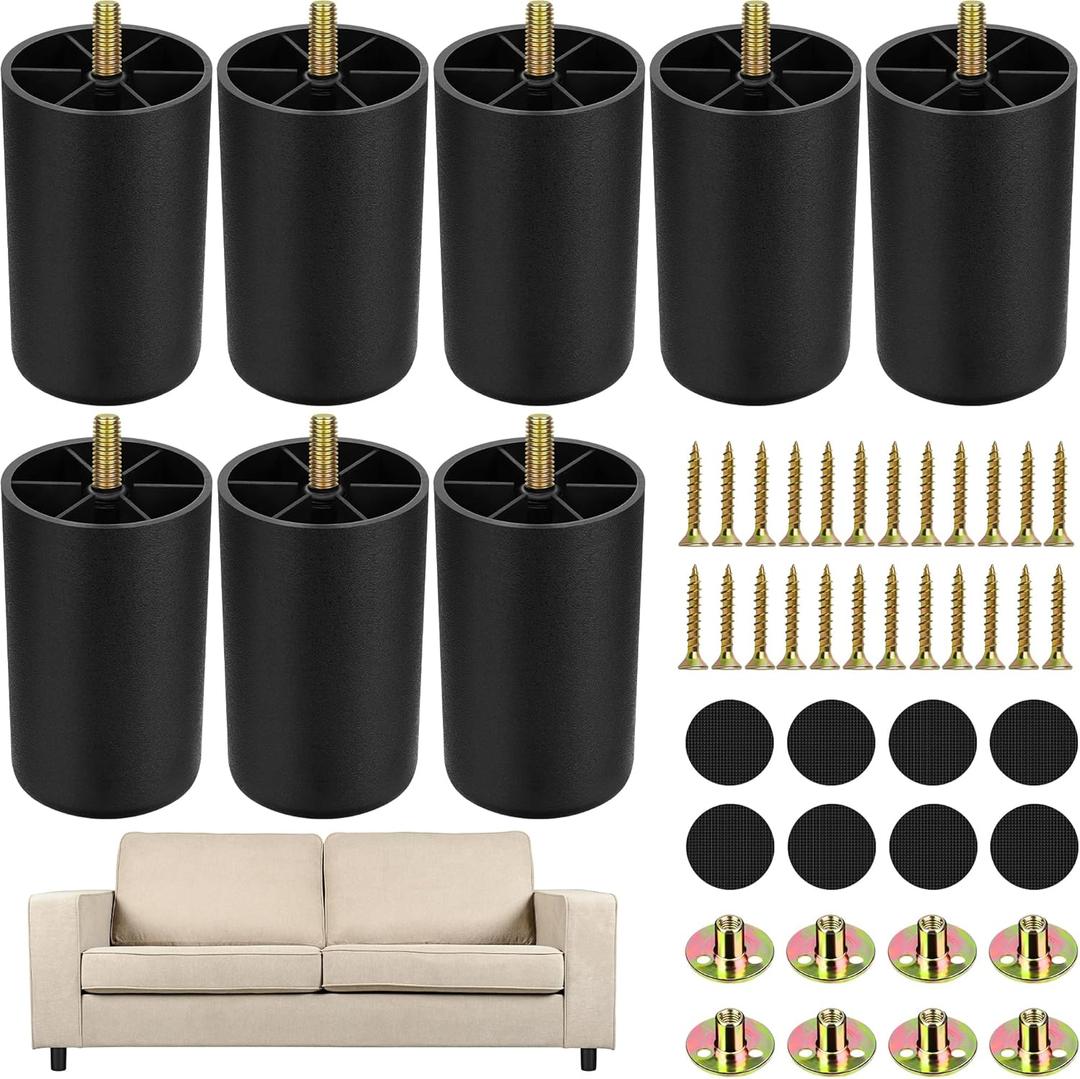 TURSTIN 8 Pack 3 Inch Plastic Furniture Legs with M8 T-Nuts Screws Tapered Sofa Couch and Chair Legs Replacement Furniture Legs for DIY Projects Sofas Coffee Tables Dressers Beds, Black