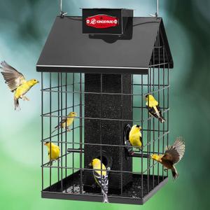Kingsyard Squirrel Proof Caged Bird Feeder for Outdoor Hanging - Weatherproof Metal Mesh Tube Finch Bird Feeder with 4 Ports for Nyjer/Thistle Seed, Small Birds, Goldfinches, Chickadees, Black